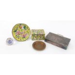 Objects comprising a 19th century millefiori paperweight, Chinese Canton enamel box with cover and