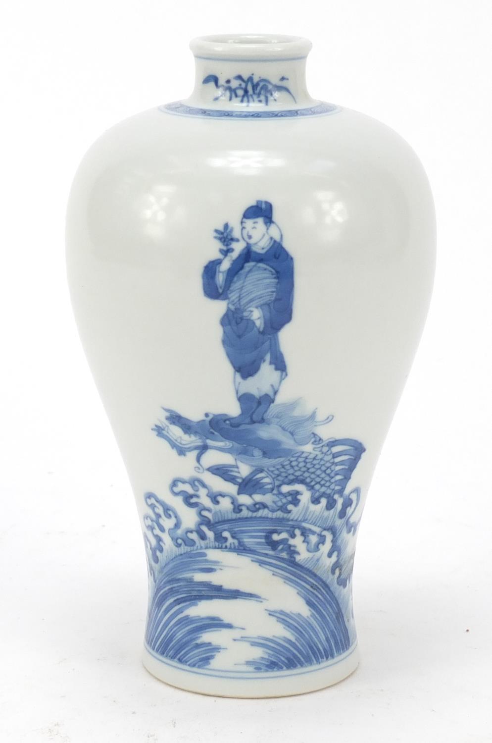 Chinese blue and white porcelain baluster vase, finely hand painted with a figure upon a mythical