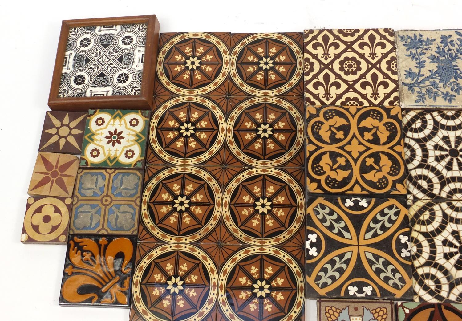 Victorian encaustic tiles including seven by William Godwin, set of eight by Minton and Campbell - Image 2 of 9