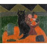 Abstract composition, cat with still life before pyramids, Scottish school oil on board, framed,