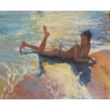 Semi nude female bather, Italian Impressionist oil on board, framed, 49cm x 39.5cm excluding the