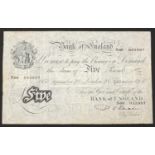 Bank of England white five pound note, Chief Cashier P S Beale, dated 28th September 1950, serial