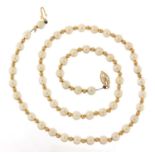 14ct gold and pearl necklace housed in a T & J Perry Ltd tooled leather box, 44cm in length, 14.0g