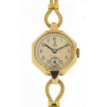 Tudor, ladies 9ct gold manual wristwatch with subsidiary dial and gold plated strap, the case 21mm
