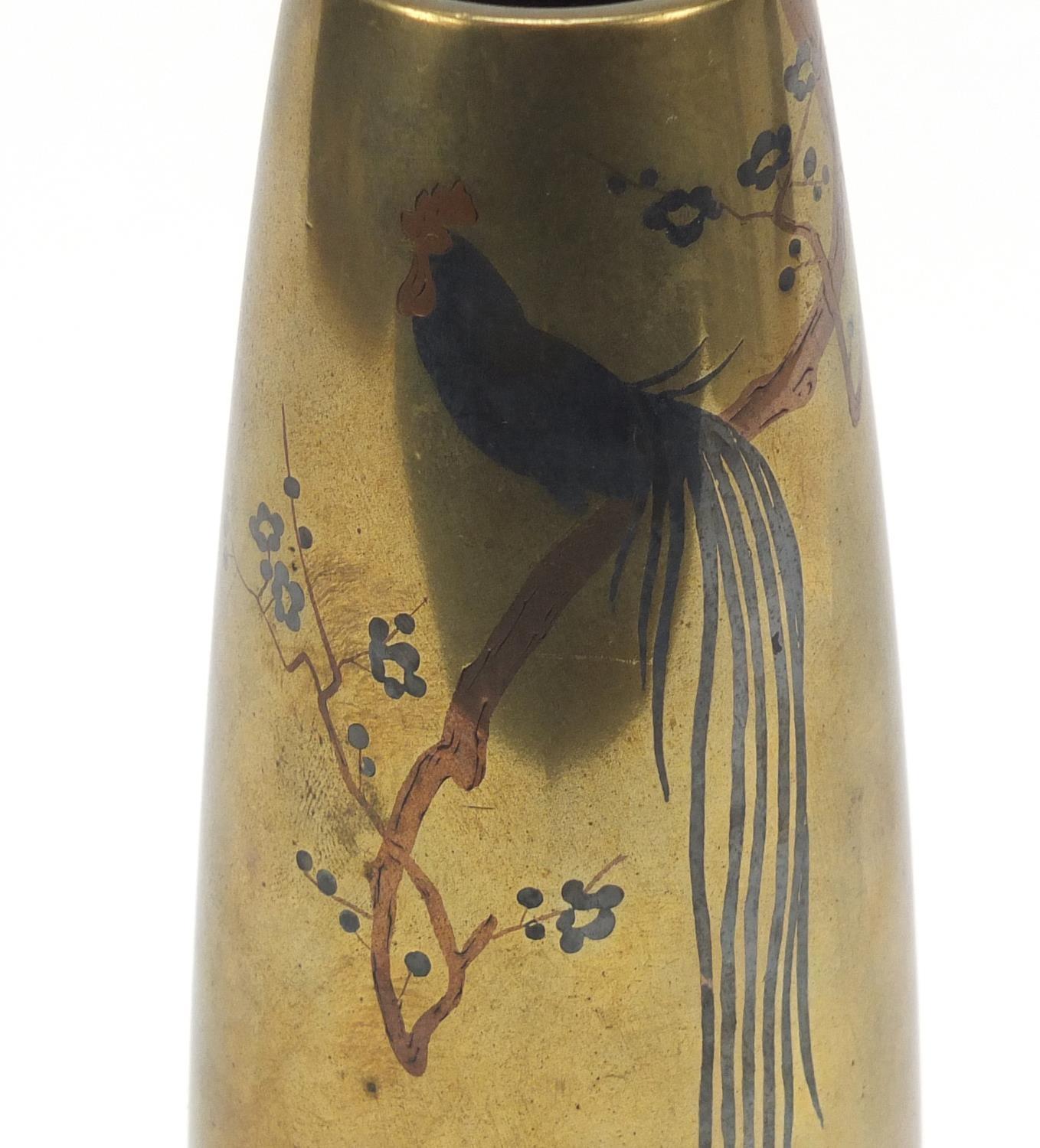 Japanese bronze and mixed metal vase decorated with a rooster on a branch, character marks to the - Image 2 of 9