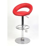 Modern chrome and red leather adjustable breakfast bar stool, 102cm high