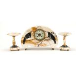 French Art Deco marble mantle clock with garnitures, the mantle clock having enamelled dial with