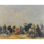 Busy beach scene, French Impressionist oil on board, mounted and framed, 35cm x 28cm excluding the