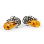 Pair of silver and natural amber grapevine earrings, 2.4cm high, 5.4g
