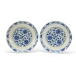 Pair of Chinese blue and white porcelain dishes finely hand painted with flower heads amongst