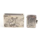 Rectangular silver vesta and silver matchbox case embossed with a stag, each hallmarked Birmingham
