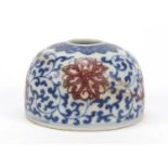 Chinese blue and white porcelain with iron red water pot, hand painted with flower heads amongst