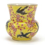 Chinese porcelain vase hand painted with birds amongst cherry blossom onto a yellow ground, four