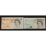 Two Bank of England miss-cut notes comprising a Merlyn Lowther ten pound note and a G E A