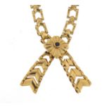 9ct gold arrow link necklace set with a sapphire, 42cm in length, 21.1g