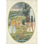 Females in traditional dress picking flowers, Indian Mughal school painting on pierced ivory