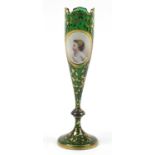 19th century Bohemian green glass vase hand painted with a portrait of a young girl onto a gilt