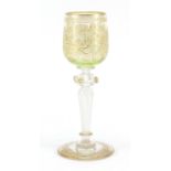 Attributed to Moser, Bohemian wine glass with gilt foliate bowl and spiral twist stem, 19.5cm high