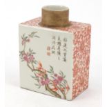 Good Chinese porcelain square section tea caddy, hand painted in the famille rose palette with