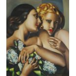 Manner of Tamara de Lempicka - Portrait of two Art Deco females, oil on canvas, framed, 59.5cm x