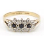 9ct gold sapphire and cubic zirconia triple flower head ring, size Q, 1.9g