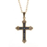 9ct gold sapphire and diamond cross pendant on a 9ct gold necklace, 60cm and 3cm in length, 5.0g