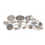 Victorian and later silver and white metal brooches, the largest 8cm in length, total 124.0g