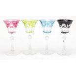 Set of four good quality Bohemian flashed cut wine glasses, possibly by Moser, each 21.5cm high