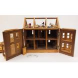 Hand built wooden doll's house with contents, 45cm H x 43cm W x 30cm D