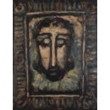 Surreal composition, portrait of Christ, oil on canvas, mounted and framed, 63.5cm x 49cm
