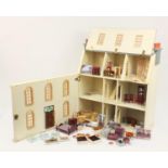Large hand built wooden doll's house with contents, 80cm H x 77cm W x 35cm D
