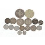 Queen Anne and later British coinage including 1707 sixpence, Gothic florin and Maundy coins, 55.1g