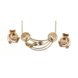 Rene Mackintosh design 9ct gold necklace and earrings, the necklace 40cm in length, 5.5g