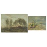 Two vintage prints in colour, including moored boats by Vincent Van Gogh and landscape by Corot,