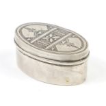 Unmarked oval silver box and cover, possibly Russian, 5.2cm wide, 22.2g