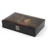 Japanese lacquered box, the hinged lid hand painted with a cockerel beside a bamboo grove, 5cm H x