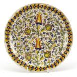 Turkish Kutahya pottery plate, hand painted with flowers and foliage, 19cm in diameter