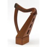 Miniature Irish harp made by Waltons of Dublin with brass plaque numbered 1048, 46.5cm high