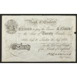 Bank of England white twenty pound note, Chief Cashier B S Catterns, possibly a World War II