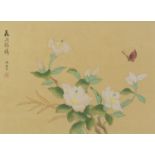 Butterfly amongst flowers with calligraphy and red seal marks, Chinese watercolour on silk, mounted,