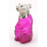 Silver plated and cranberry coloured glass claret jug in the form of a seated bear, 22.5cm high