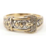 9ct gold diamond buckle ring, size U, 4.9g