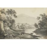 Cattle grazing beside water before a town, late 18th/19th century monochrome watercolour, bearing an