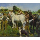 Manner of Alfred Munnings - Workhorses, Modern British oil on board, framed, 59.5cm 49.5cm excluding