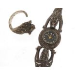 Silver marcasite leopard wristwatch and similar ring, 43.7g