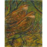 Birds perched on a tree, oil on canvas, unframed, 73.5cm x 61cm