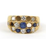 Unmarked gold diamond and sapphire ring, size Q, 10.3g