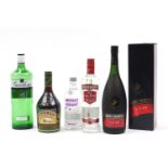 Five bottles of alcohol comprising Rémy Martin VSOP cognac, Gordon's Gin, Smirnoff Vodka, Absolut