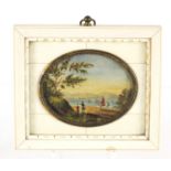 19th century oval watercolour miniature of figures before water housed in a sectional ivory frame,