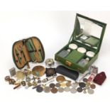 Sundry items and objects including pre decimal coinage, Georgian mining token, Military badge,